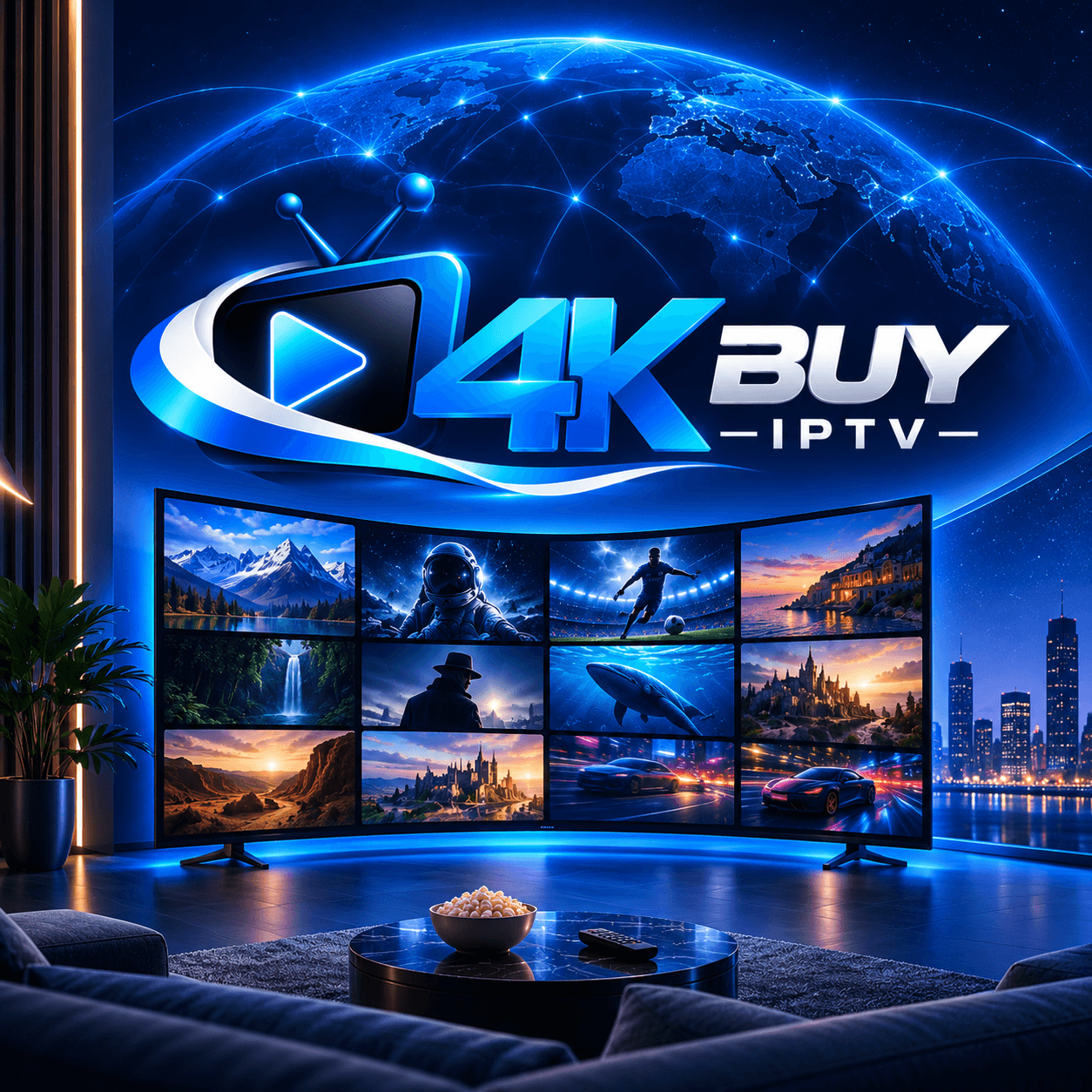 4KBuyIPTV multi-screen streaming wall in a living room showing live sports, movies, and global channels